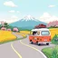 Placeholder: Create a book cover for "Cozy Japan Coloring Book" showcasing a charming countryside road trip scene with a small, vintage camper van winding along a scenic road. In the distance, Mount Fuji rises majestically, partially veiled by soft clouds and framed by blooming cherry blossoms and golden rice fields. The van is adorned with travel stickers and roof luggage, while a cat peeks out the window. The atmosphere is peaceful and nostalgic. Illustration, warm pastel palette with soft shading and fine