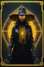 Placeholder: neon spiderweb sacred geometry framed playing card, black, yellow and orange neon cyber punk dancer thief in soaked rain coat and cowboy witch hat shadows boss card in the style of Giger and fallout 4 ,,bokeh like f/0.8, tilt-shift lens 8k, high detail, smooth render, down-light, unreal engine