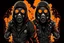 Placeholder: angry hooligan characters with gas masks in black holding flares