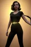 Placeholder: retro portrait image from 1960, New York explosion, long hair, young Scarlett Johansson, classic black tight lycra suit, gold bracelet and belt, high heel boots, soft color, highly detailed, unreal engine 5, ray tracing, RTX, lumen lighting, ultra detail, volumetric lighting, 3d, finely drawn, high definition, high resolution.