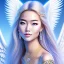 Placeholder: portrait of a beautiful mongolian woman with an angel face smiling,long blond hair, blue eyes, pink and blue dress, jewels, soft light aura