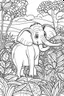 Placeholder: coloring page for kids, Gentle elephant in a lush peaceful jungle, cartoon style, thick outline, low details, no shading, no color