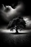 Placeholder: conceptual photo, art photo, far away view of a chestnut tree, illusion, fine art, death, dark cloudy sky, surrealism, black and white