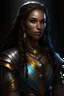 Placeholder: female kalashtar from dungeons and dragons, ranger, long and dark hair, cool colors, woman of color, realistic, digital art, high resolution, strong lighting