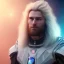 Placeholder: Beautiful cosmic man, blue eyes, long blond hair, smiling, cosmic suit, full body, galactic backdrop, soft lighting, hyper realistic, unreal engine 5, 16k