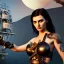 Placeholder: realistic, young model pointing a dagger, short black hair flowing. holding a sword. black tatoo on arm. dressed a steampunk pirate, bra with carved leather. Salvador dalì style. Ships in background with high details. 4k, unreal engine. A owl is landing in background.