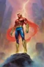 Placeholder: Extremely Muscular, Donald Trump as 'Maga Man,' the greatest superhero in history, Extremely Muscular, overly exaggerated muscles, Skintight, formfitting red bodysuit, blue cape, silver boots, Multicolored vortex, multicolored lightning, neon lit futuristic cityscape, mist, fog, speed, extremely overexaggerated musculature, "MAGA MAN"