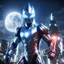 Placeholder: Ultra Seven, Ultraman , Godzilla Bullmark Ultraman heroes super powers., 32K, HD RESOLUTION, 3D RENDER, BLUE WHITE COLORS CHROME METAL, helmet, ATHLETIC STRONG BODY, COMBAT ATTITUDE, , at night thunderS, night, moon, , SWORDS, SILVER CHROME, dark fantasy, illustration, cinematic, 3d render, conceptual art, anime