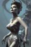 Placeholder: Rita Hayworth as evil queen in black leather, busty, cleavage, dominatrix, curvy, angry, stern look. character design by cory loftis, fenghua zhong, ryohei hase, ismail inceoglu and ruan jia. unreal engine 5, artistic lighting, highly detailed, photorealistic, fantasy