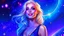 Placeholder: Full body portrait of a peaceful ((smiling)) gorgeous blonde Goddess of the galaxies with a blue indigo purple skin, high skul, luminous eyes in a galactic sunset