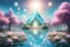 Placeholder: in a magical landscape with and bright and intens pastel tones, trees around a square and one crystal pyramid reflects the sun. Flowering shrubs are in the foreground and crystal cluster. A turquoise lake in the center with lotus flowers. There are iridescent particles of light in the sky, fine rays of light in blue and white colors.in the distance small forest, lots of fine details, gentle, sweet ,and spiritual atmosphere, cinematic, color grading, editorial photography, Realistic picture. HD