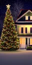 Placeholder: casinha a noite iluminada com rua e árvore de Natal 8K super realista