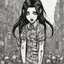 Placeholder: create a full body portrait illustration of a dark haired vampire gothpunk girl with highly detailed , sharply defined feminine facial features, in a chaotic, turbulent, otherworldly London in the anime horror style of Junji Ito, precisely drawn, inked, with dramatic edges,