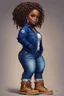 Placeholder: create an oil painting image of a plus size chibi dark skinned Black female wearing a sapphire blue jean outfit with timberland boots. Prominent make up with brown eyes. Highly detailed tight curly ombre dread locs