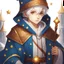 Placeholder: 4K, Fantasy World, A boy only wearing a closed wizards robe, and wearing a wizards hat. White Hair. Golden Eyes with no pupils.