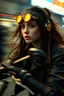 Placeholder: motion blur cyberpunk young biker Jennifer Connelly with head band mods painted by Rembrandt and Titian and Giger
