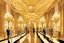 Placeholder: Inside an Art Deco Opera foyer, with mirrors and brass sconces, incandescent, gleaming, people in glittering extravagant costumes with feathers