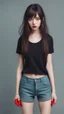 Placeholder: generate a full-length girl with gray-green sad eyes, with dark hair above the shoulders, a round face, not very plump lips, in a black T-shirt with a red print, short shorts, blue socks