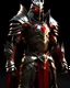 Placeholder: silver metal demon armor with crimson trim, gold highlights, glowing red eyes, long crimson cape, crimson hair out of the helmet