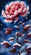 Placeholder: Peony flower painting on red blue starry sky background, bright ink painting, upward trend, artistic conception beauty, photographic style, high definition, high detail, detail painting, plant morphology, peony flower in snow, 8k