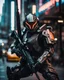 Placeholder: Naturalistic film style, natural light, film grain, cyberpunk mecha suit samurai and officer in armor suit posing aggressively with assault rifle. The character makes it's presence in the middle of a busy downtown boasting white armor and black skeletal body armor with bright neon lights detailing the bodies contours and exoskeletal outline.