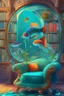 Placeholder: An aquarium glass cat shaped aquarium with fish, colorful fish, in an old style cozy library with a comfortable armchair to sit in and a large aquarium with fish, colorful fish