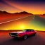 Placeholder: muscle car, desert road, sunset, full colour,