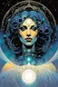 Placeholder: create an ethereal, otherworldly woman wreathed in the cosmos utilizing sacred geometry, fractals, reoccurring patterns in the comic book art style of Mike Mignola, Bill Sienkiewicz, and Jean Giraud Moebius, with highly detailed and finely inked facial features , dramatic natural lighting