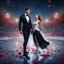 Placeholder: Hyper Realistic handsome muscular man in Black-Tuxedo & beautiful Girl in White-Gown ice-skate-dance on a frozen lake with dramatic environment & red-rose-petals at night