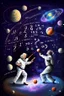 Placeholder: Albert Einstein and Richard Feynman playing with numbers & atoms in outerspace with planets, cosmic gas, stars, moons, and comets dancing around them