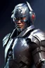 Placeholder: Cyborg armor with helmet on head serious face