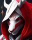 Placeholder: Draw an illustration with a red and white hood and a dragón mask over they eyes