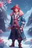 Placeholder: kind sailor, man, red slightly curly hair, long jacket, pink-azure clothes, pink-azure cocked hat in cold colors, white floral pattern on jacket, flower in hair, pirate, frozen, stardew, valley style