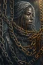 Placeholder: nightmares paint style Title: "a woman surrounded by iron chains , insanely detailed octane render trending on artstation,white background , 8k artistic photography, photorealistic concept art, soft natural volumetric cinematic perfect light, chiaroscuro, award-winning photograph, masterpiece, oil on canvas, Raphael, Caravaggio, Greg Rutkowski, people, beksinski, Giger