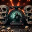 Placeholder: DJ of the damnded, insanely detailed DJ booth in hell, MID set, speakers and equipment made of bone, anatomically correct, add more skulls in th audience, photorealism, vray, 8k 3d