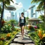 Placeholder: Highly detailed and intricate 3D fractal recursive art, featuring a single young woman/girl wearing fashionable modern clothing, walking directly towards the camera through a lush, futuristic villa garden. The garden is part of a larger technologically-advanced city, with towering skyscrapers and floating vehicles visible in the background. The garden itself is a verdant oasis, with exotic flora, flowing water features, and a seamless integration of natural and artificial elements. Holographic