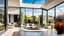 Placeholder: Beautiful modern luxurious minimal domestic living room, floor-to-ceiling sliding windows look out onto attractive flower gardens and fruit trees. Beautiful roof-lantern adds extra daylight and view of the sky. Room is light, comfortable, peaceful, welcoming and tasteful. The home was recently the winner of a national architecture award. Afternoon, springtime, blue sky with small clouds.