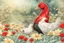 Placeholder: red and black chicken and small chibi duck in a flowergarden with beautiful flowers, pond, in sunshine, H.R. Giger, anime, steampunk, sürreal, watercolor and black in outlines, golden glitter, ethereal, cinematic postprocessing, bokeh, dof