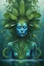 Placeholder: Ecological Art, plants, floating earths, long leaf tendrils, green colors and shades, in blue waters full body beauty mitical human-plants mutant meditates in stunning alien flora , cinematic, mistic mood