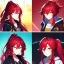 Placeholder: Clear focus, 8k, beautiful lighting, vibrant colors, girl, red hair, long hair, vibrant golden eyes, ponytail, messy hair, hair in between the eyes, jacket,