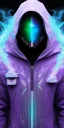 Placeholder: purple galaxy masked hooded super villain, weapons in hands, teal and purple smoke, full portrait, hyper realistic, 4k