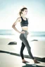 Placeholder: photograph of skinny woman, yoga pants, fashion photography, bright daylight, sweaty skin, concrete, beach hair, 80 mm lens, dof, raw, frontal pose