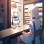 Placeholder: one anime girl in a waitress uniform sitting at a booth in a busy diner with two identical white coffee cups on the table, one white teacup is full and the other white cup is empty, windows and a door, cashier, customers, emphasis on two white coffee cups