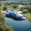 Placeholder: large space ship floating on wide River on a summers day, English village, , blue exhaust ports , stopped, antennas, , luminescent , 55 mm focal length