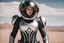 Placeholder: photo of a Sci-fi woman, wearing a silver and black spacesuit looking like an android with no helmet, on an alien planet