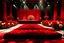 Placeholder: A palace like wedding stage,Minimalism design,fashion runway style,10meter wide 4meter long stage,A handful of red and champagne roses adorn the stage,10m by 2 m red catwalk, studio lighting,8m by 6m stage background screen with BS white signature,Spotlights shine on the catwalk ,4k,movie set,