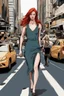 Placeholder: slim redhead woman walking across a busy street