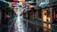 Placeholder: Narrow cobbled street in an old town under heavy rain, a multitude of colorful umbrellas creating a living mosaic, wet reflections on the shiny pavement, traditional facades with wrought iron balconies, puddles reflecting diffused lights, steam rising from the wet asphalt, intimate and cozy atmosphere, urban impressionism style