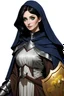 Placeholder: dungeons & dragons; digital art; portrait; female; cleric; emerald eyes; black hair; arabian nose;arabian traits; young woman; robes; long veil; soft clothes; dark blue and gold robes; robes with armor; cleric of eldath; dandelions; good; traveling; gold and silver shield;