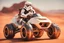 Placeholder: lowpoly storm trooper bear driving highly symmetric metallic rocket propelled mad max ATV that looks like a helmet with rounded glass bubble roof in red desert, bokeh like f/0.8, tilt-shift lens 8k, high detail, smooth render, down-light, unreal engine, prize winning